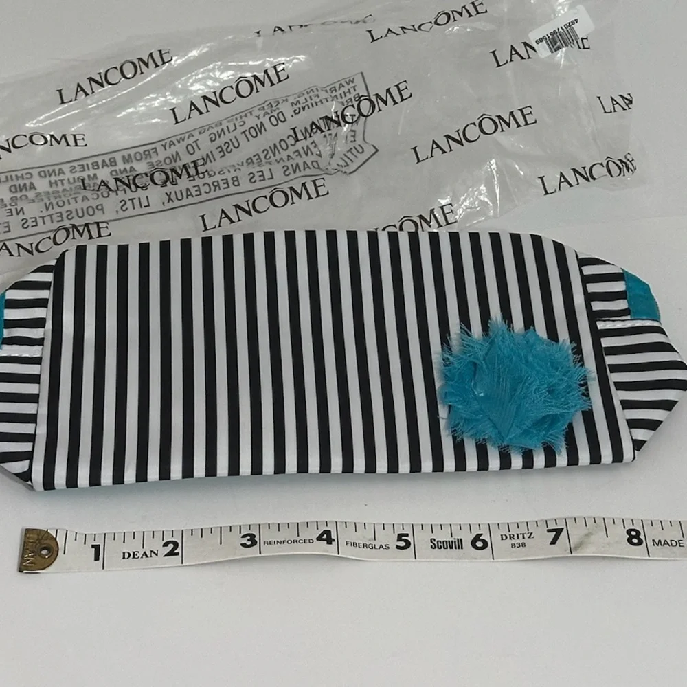 NWT Lancôme Black & White Stripe Cosmetic Bag with Teal Accents | Travel Gift